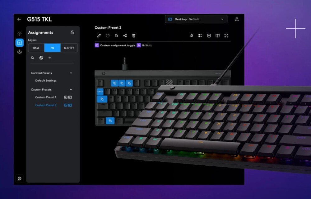 Na obrazie widoczna jest klawiatura z podświetleniem RGB oraz interfejs oprogramowania do jej konfiguracji z napisem \'G515 TKL\'.