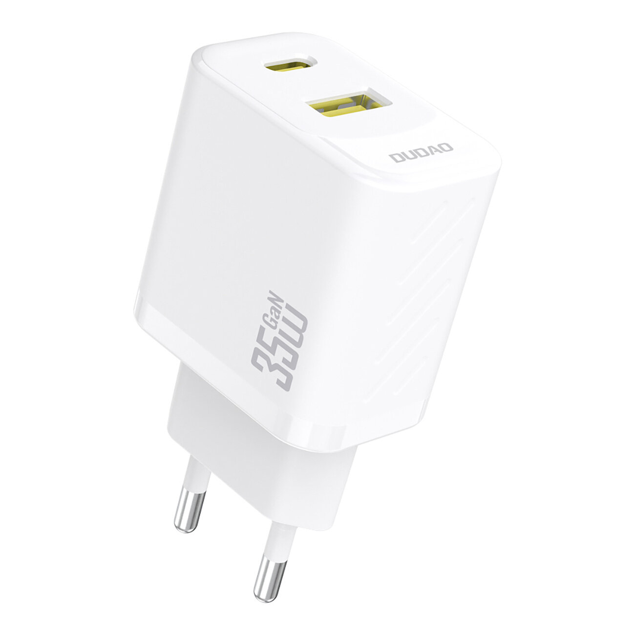 Biała ładowarka sieciowa z dwoma portami USB, oznaczona napisem \'35W GaN\' oraz \'DUDAO\'.