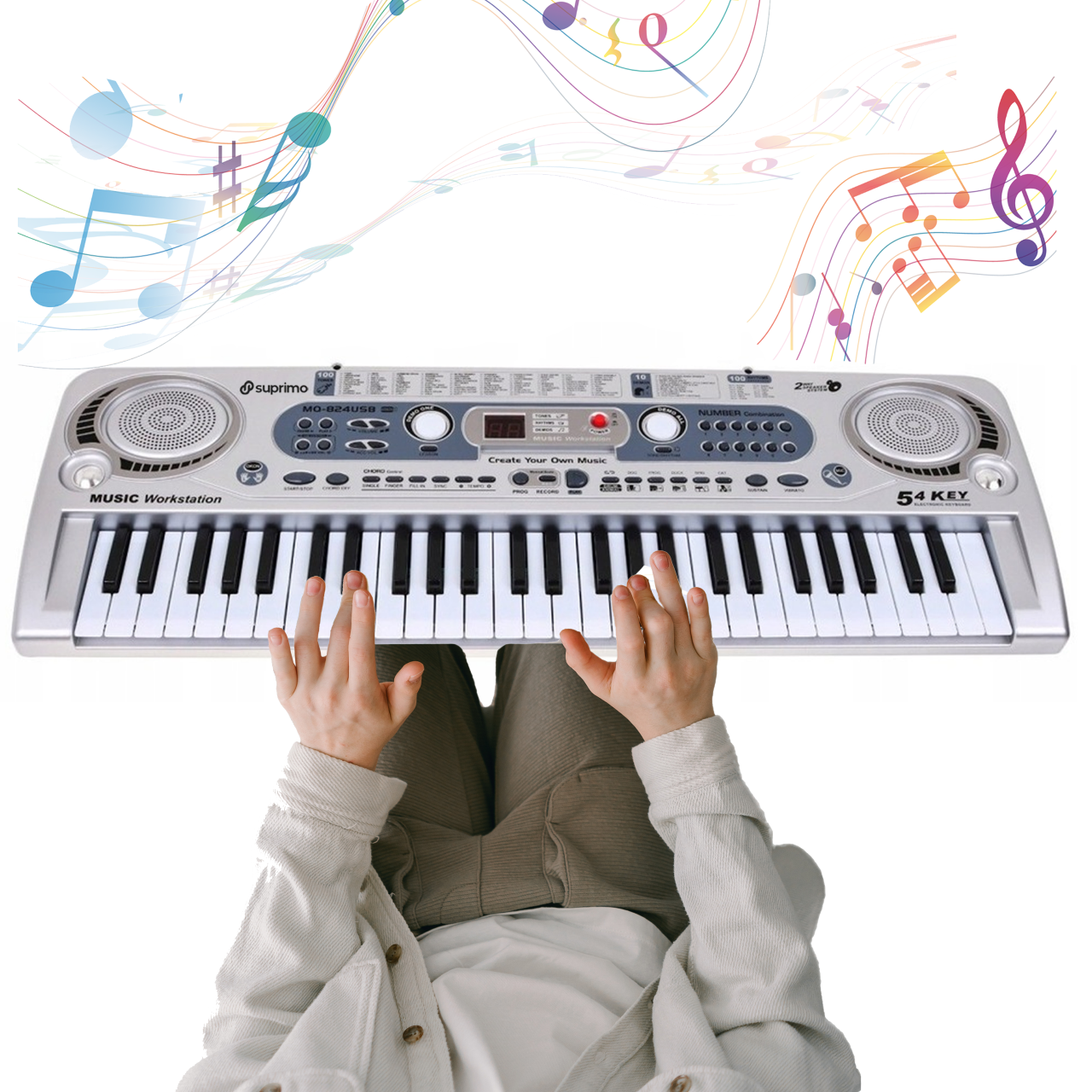 Osoba gra na białej klawiaturze elektronicznej z logo \'Suprimo\' i napisem \'MUSIC Workstation\'. W tle widoczne są kolorowe nuty i symbole muzyczne.
