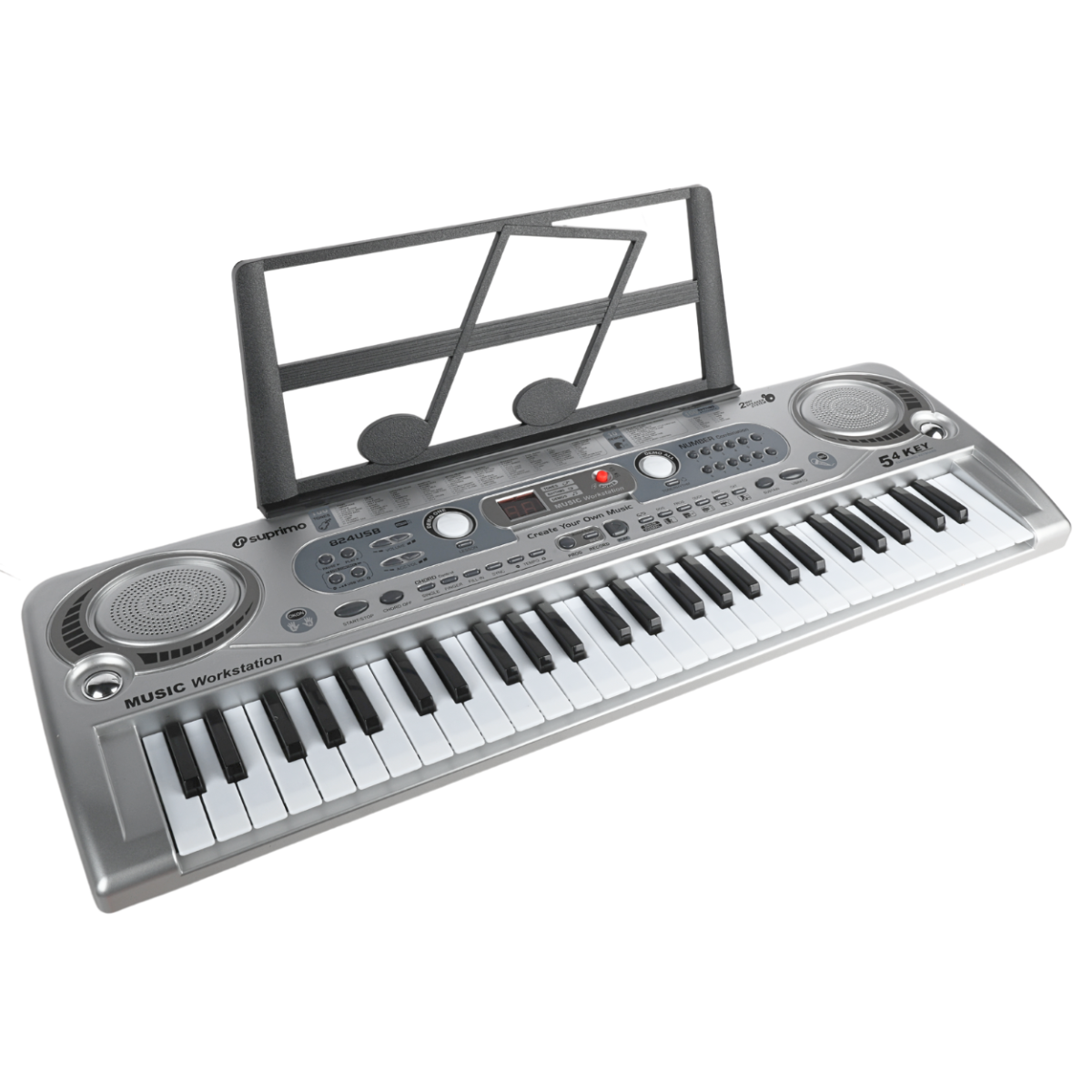 Na obrazie widoczny jest elektroniczny keyboard z 54 klawiszami, głośnikami po obu stronach i pulpitem na nuty. Na panelu znajdują się różne przyciski i pokrętła, a także logo \'Suprimo\' i napis \'MUSIC Workstation\'.