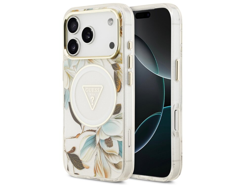 Etui GUESS IML Glitter Flowers Triangle MagSafe
                etui do iphone na białym tle
