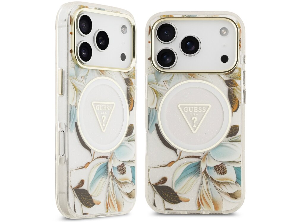 Etui GUESS IML Glitter Flowers Triangle MagSafe
                etui do iphone na białym tle kwiatowy motyw drobinki brokatu tpu poliwęglan chroni telefon przed zarysowaniami