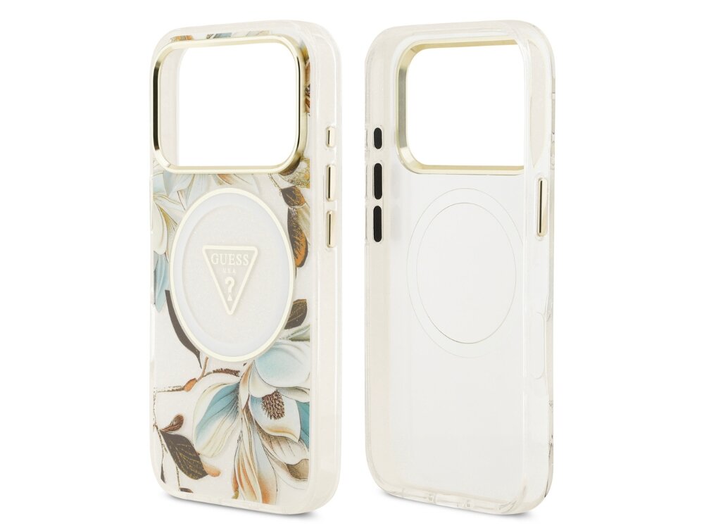 Etui GUESS IML Glitter Flowers Triangle MagSafe
                etui do iphone na białym tle pierścień magsafe bezprzewodowe ładowanie dopasowane wycięcia podniesione krawędzie