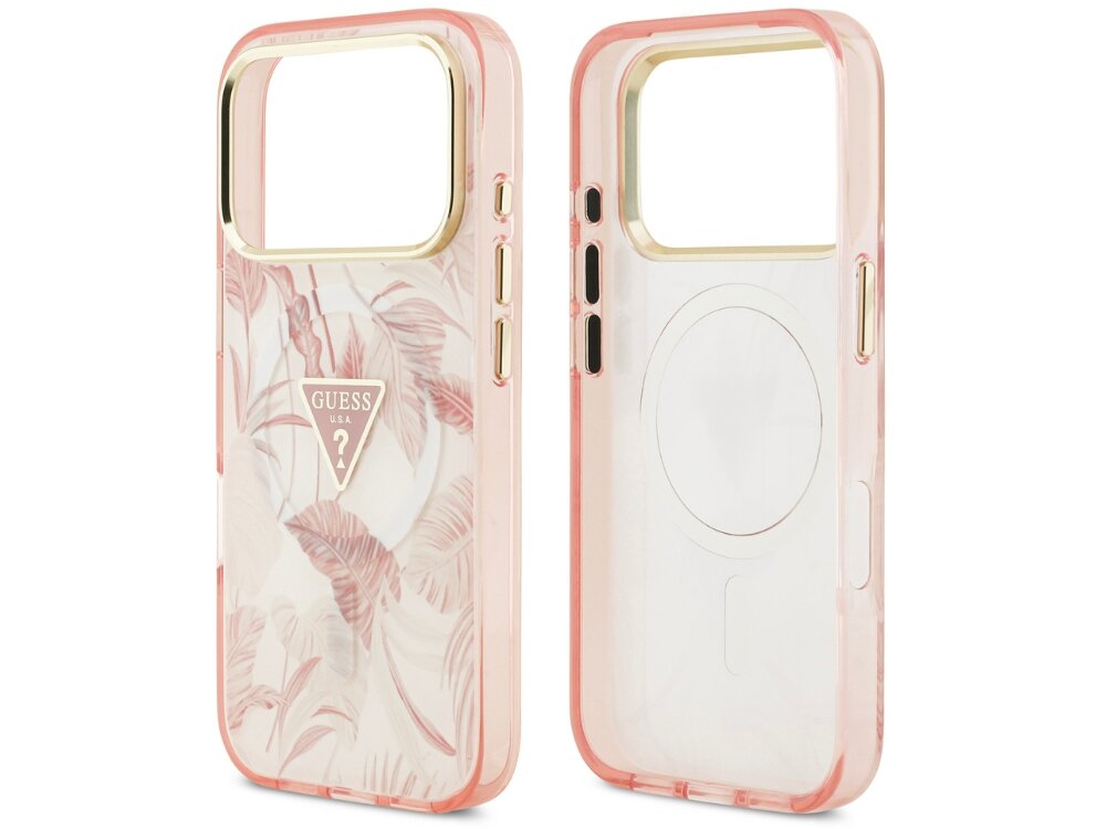 Etui GUESS Jungle Tonal Triangle MagSafe
                etui do iphone na białym tle magnetyczny pierścień magsafe ładowanie bezprzewodowe złote obramowanie aparatu przycisków podniesione krawędzie elastyczne boki marka