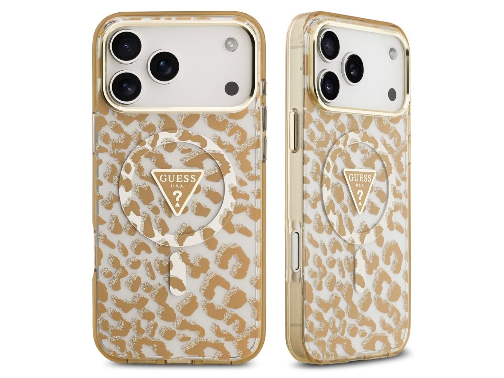 Etui GUESS Leopard Glitter MagSafe
                etui do iphone na białym tle panterkowy wzór drobinki brokatu tpu poliwęglan ochrona przed zarysowaniami