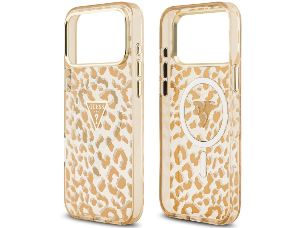 Etui GUESS Leopard Glitter MagSafe
                etui do iphone na białym tle pierścień magnetyczny magsafe ładowanie bezprzewodowe złota ramka aparatu podniesione krawędzie precyzyjne wycięcia elastyczne boki