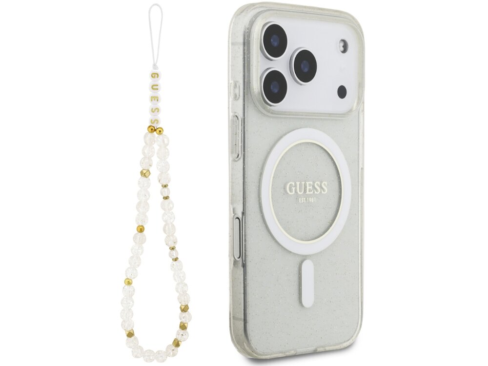 Etui GUESS IML Glitter Pearl Strap MagSafe
                etui do iphone na białym tle minimalistyczny design delikatny brokat złote logo akcesoria premium