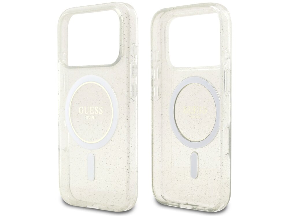 Etui GUESS IML Glitter Pearl Strap MagSafe
                etui do iphone na białym tle magnetyczny pierścień magsafe ładowanie bezprzewodowe wytrzymały poliwęglan elastyczne tpu podniesione krawędzie brelok z koralików