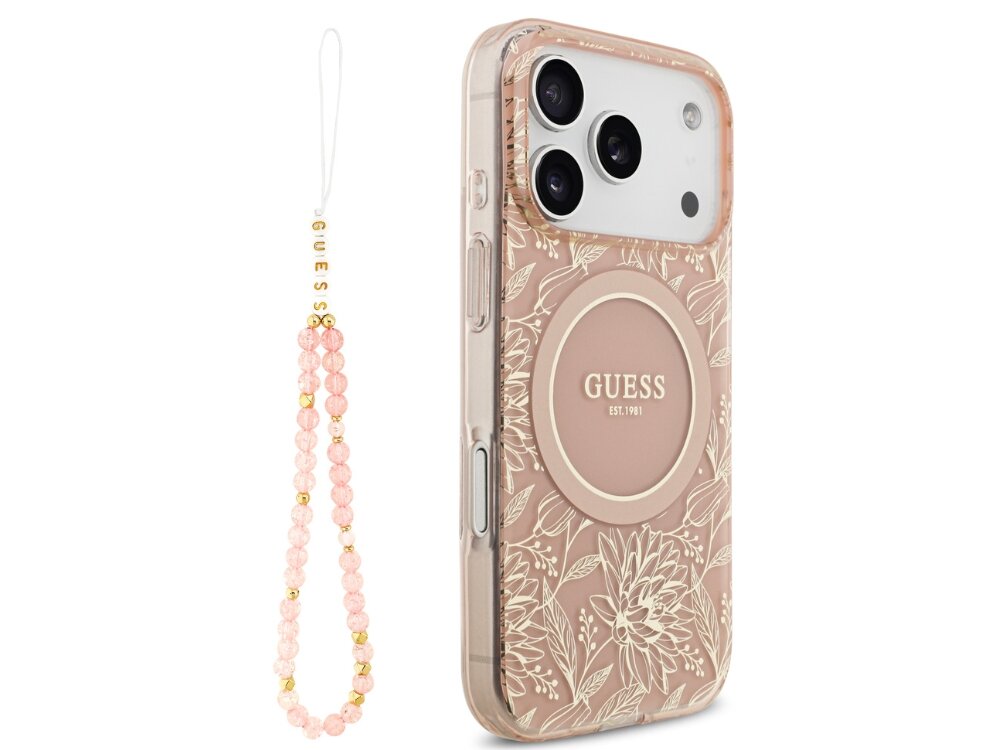 Etui GUESS IML Flowers Electro Pearl Strap MagSafe
                etui do iphone na białym tle półprzezroczysta konstrukcja złote logo pierścień magsafe brelok z koralików