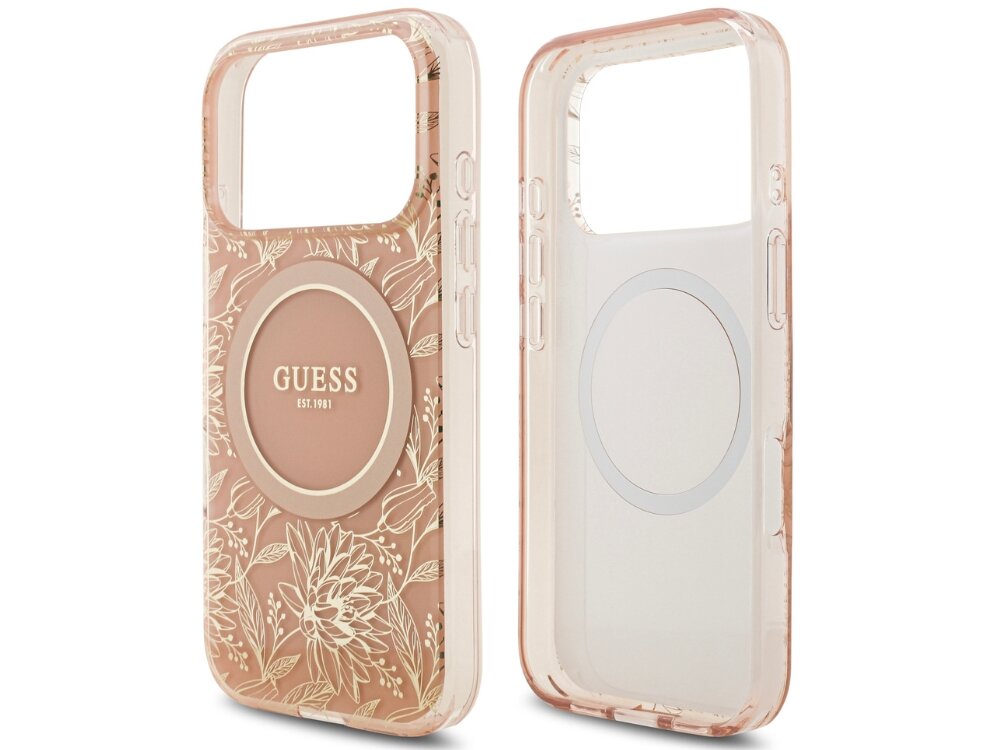 Etui GUESS IML Flowers Electro Pearl Strap MagSafe
                etui do iphone na białym tle elastyczne tpu twardy poliwęglan technologia magsafe ładowanie bezprzewodowe podniesione krawędzie elastyczne boki