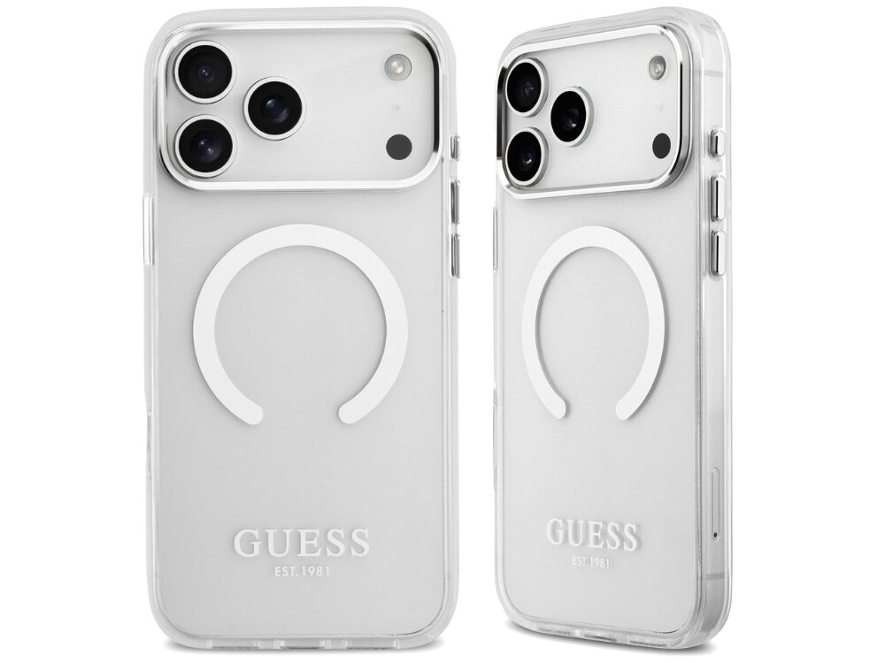 Etui GUESS Metal Outline MagSafe
                etui do iphone na jasnym tle transparentna konstrukcja metaliczne akcenty logo marki tpu poliwęglan ochrona przed zarysowaniami