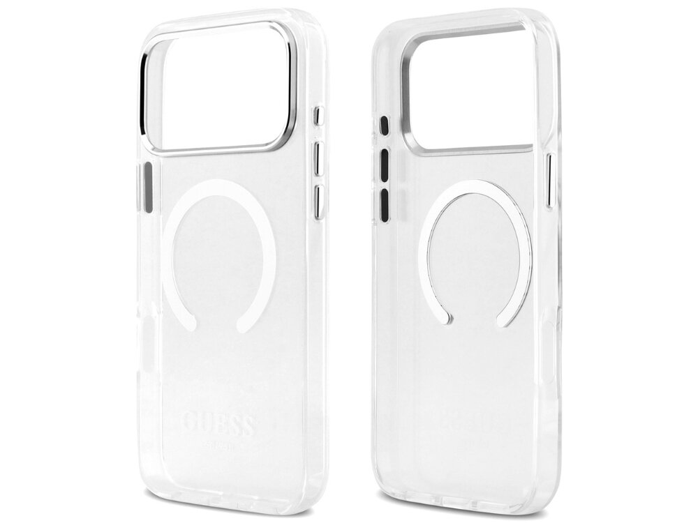 Etui GUESS Metal Outline MagSafe
                etui do iphone na jasnym tle ramka wokół aparatu podniesione krawędzie pierścień magsafe ładowanie bezprzewodowe mocowanie do akcesoriów dbałość o detale dopasowane do wymiarów