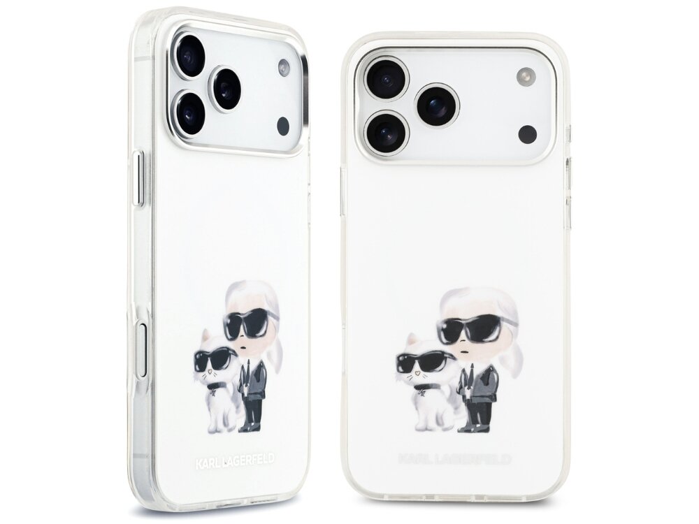 Etui KARL LAGERFELD IML Aquarelle Karl & Choupette & Logo MagSafe
                etui do iphone na białym tle malunek akwarelą aluminiowe detale ramka aparatu przyciski tpu pc zabezpiecza telefon