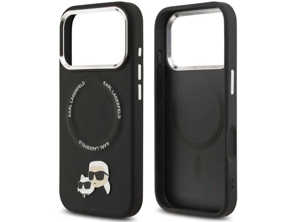 Etui KARL LAGERFELD Karl & Choupette Pins MagSafe
                etui do iphone na białym tle solidna konstrukcja chroni telefon podniesione ranty elastyczne krawędzie magnetyczny pierścień magsafe ładowanie bezprzewodowe magnetyczne akcesoria