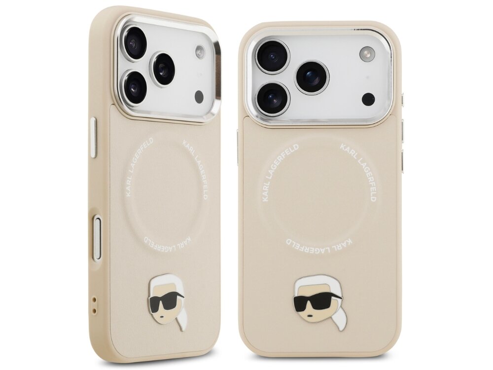 Etui KARL LAGERFELD Karl Pin MagSafe
                etui do iphone na białym tle wysokiej jakości skóra ekologiczna metalowy pin karl lagerfeld kotka choupette dopracowane detale