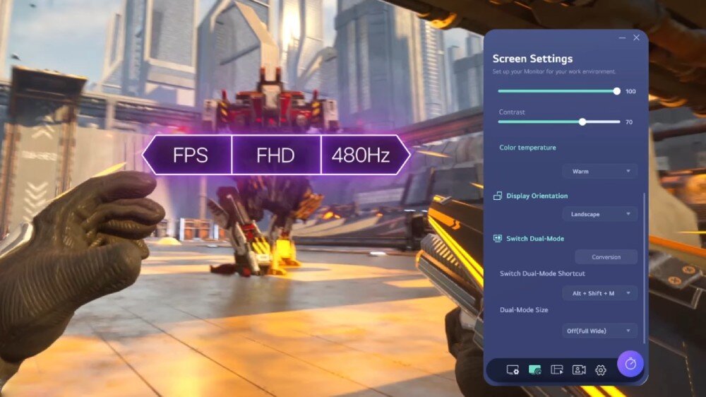 Monitor LG UltraGear 32GX870A-B Widok z gry typu FPS z widoczną bronią, na którym nałożone jest menu ustawień ekranu z opcjami takimi jak 'FPS', 'FHD' i '480Hz'