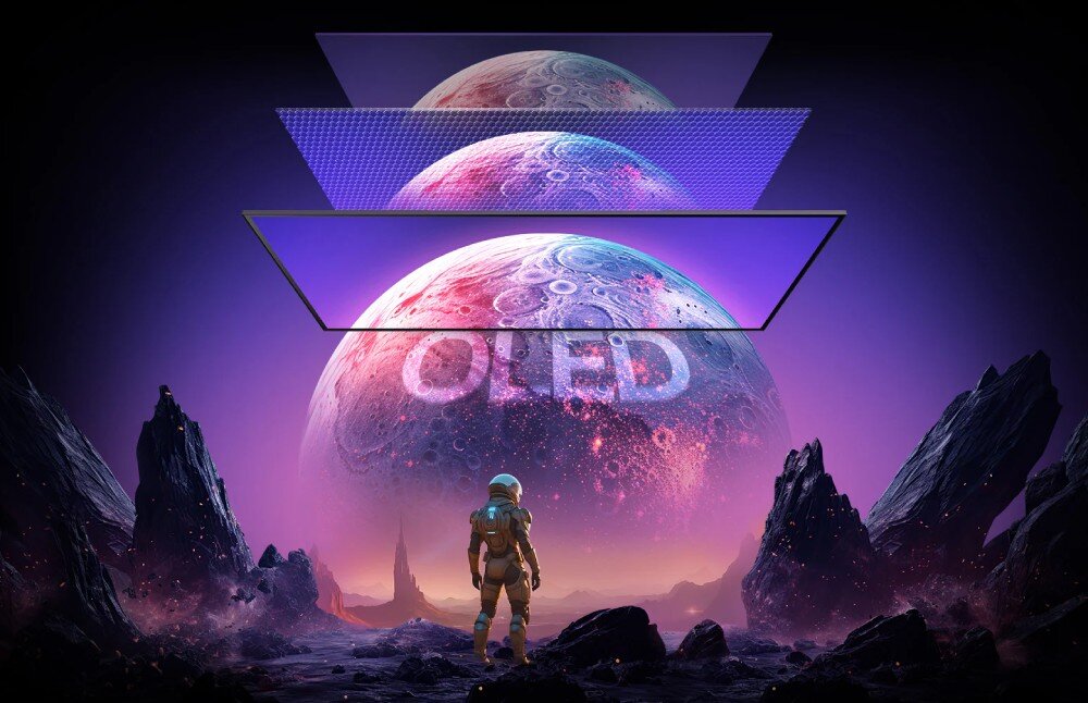 Monitor LG UltraGear 32GX870A-B Artystyczna wizualizacja ekranu wyświetlającego planetę z uniesionymi nad nim trzema warstwami panelu i napisem 'OLED' pośrodku