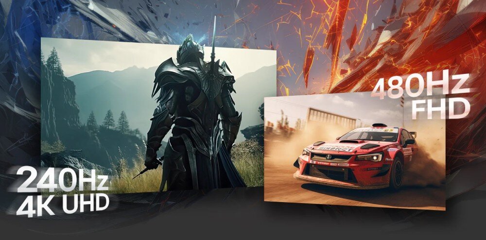 Monitor LG UltraGear 32GX870A-B Grafika porównująca dwa tryby wyświetlania, z lewej strony postać w jakości '240Hz 4K UHD', a z prawej samochód wyścigowy w trybie '480Hz FHD'