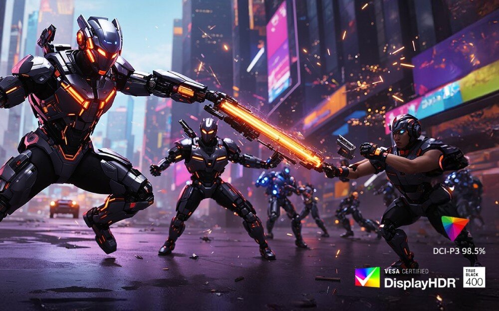 Monitor LG UltraGear 32GX870A-B Scena walki trzech futurystycznych robotów w mieście z widocznymi w rogu oznaczeniami certyfikatów 'DCI-P3 98.5%' oraz 'DisplayHDR True Black 400'