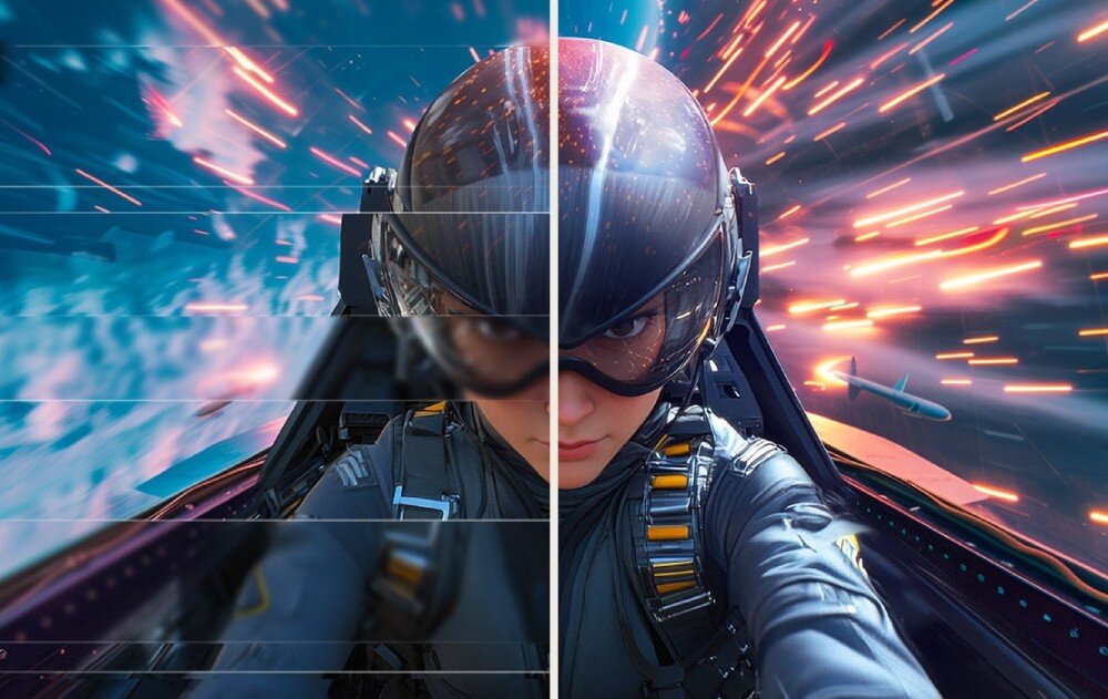 Monitor LG UltraGear 32GX870A-B Zbliżenie na twarz w kasku podzielone na dwie części, gdzie lewa strona jest rozmyta, a prawa ostra i wyraźna