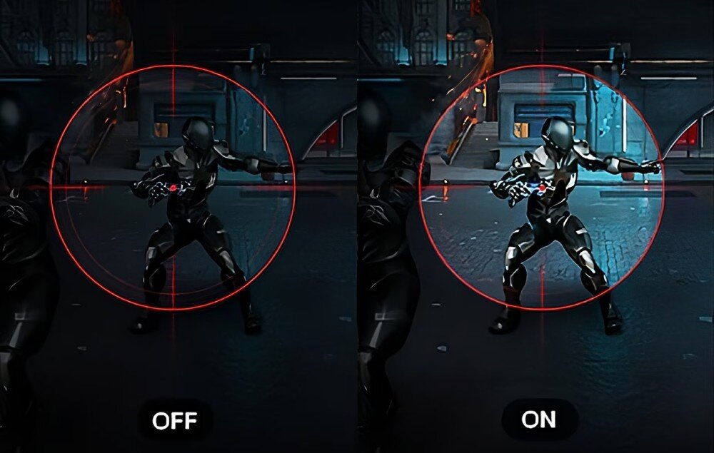 Monitor LG UltraGear 32GX870A-B Podzielony ekran z gry akcji, gdzie po lewej stronie oznaczonej 'OFF' i prawej 'ON' widoczna jest postać z nałożonym czerwonym celownikiem