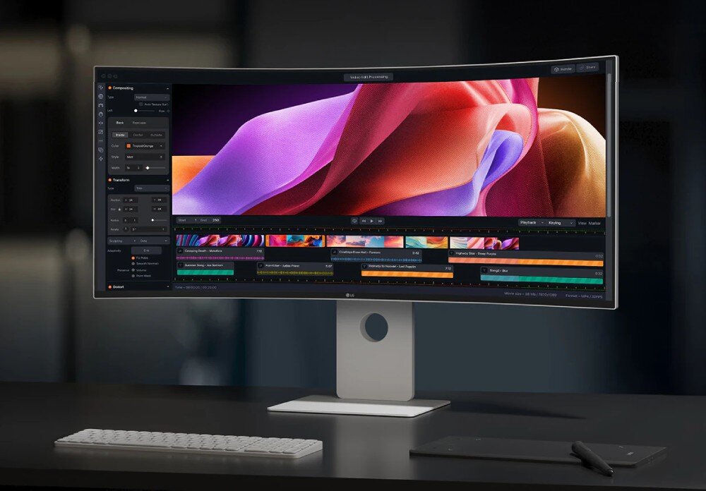 Monitor LG UltraFine 40U990A-W Monitor stojący na biurku z wyświetlonym programem do edycji wideo i kolorowymi falami na osi czasu oraz klawiaturą i tabletem, opis