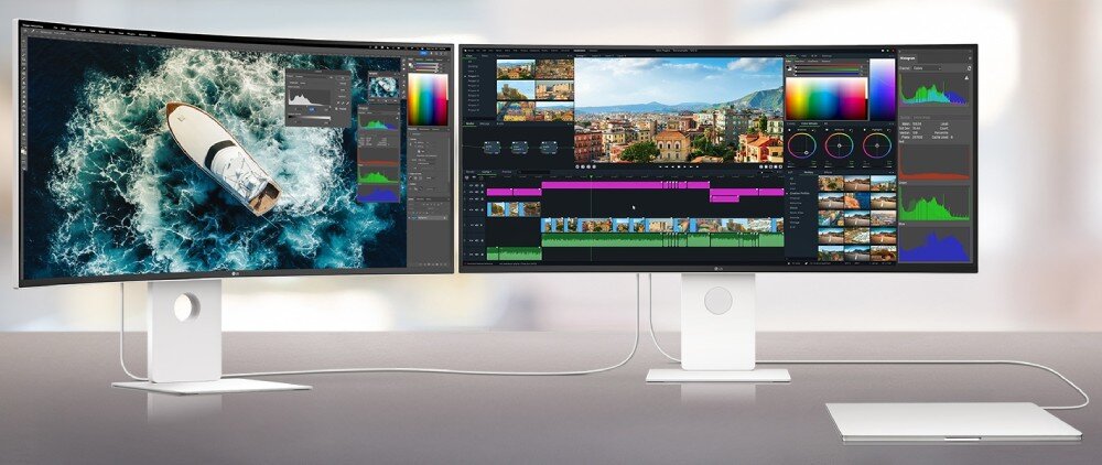 Monitor LG UltraFine 40U990A-W Konfiguracja dwóch monitorów połączonych szeregowo, wyświetlających zdjęcie łodzi oraz program do montażu filmów, porty, podłączenie