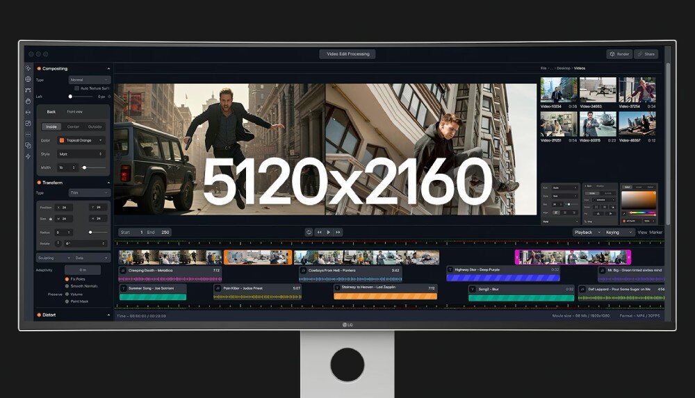 Monitor LG UltraFine 40U990A-W Ekran z widocznym oprogramowaniem do edycji wideo i nałożonym na środku dużym napisem informującym o rozdzielczości 5120x2160, przekątna, rozdzielczość
