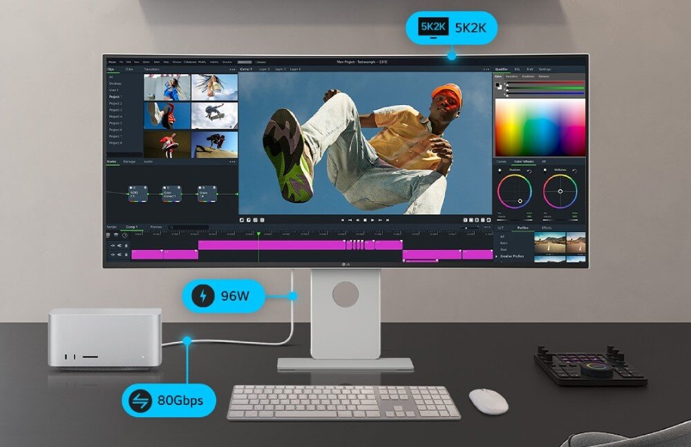 Monitor LG UltraFine 40U990A-W Monitor podłączony do stacji dokującej z graficznymi oznaczeniami parametrów rozdzielczości, zasilania i prędkości transferu danych, technologia Thunderbolt, ładowanie, moc, prędkość