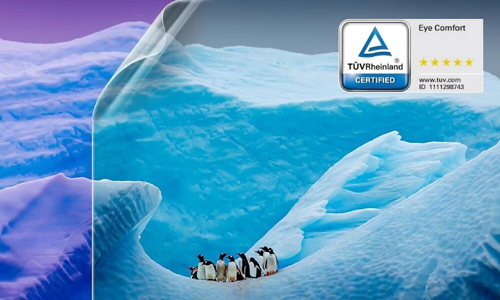 Monitor LG UltraFine 40U990A-W Krajobraz lodowca z pingwinami i odklejaną warstwą folii oraz logo certyfikatu komfortu oczu TUV Rheinland w rogu, ochrona wzroku, redukcja niebieskiego światła, Flicker free