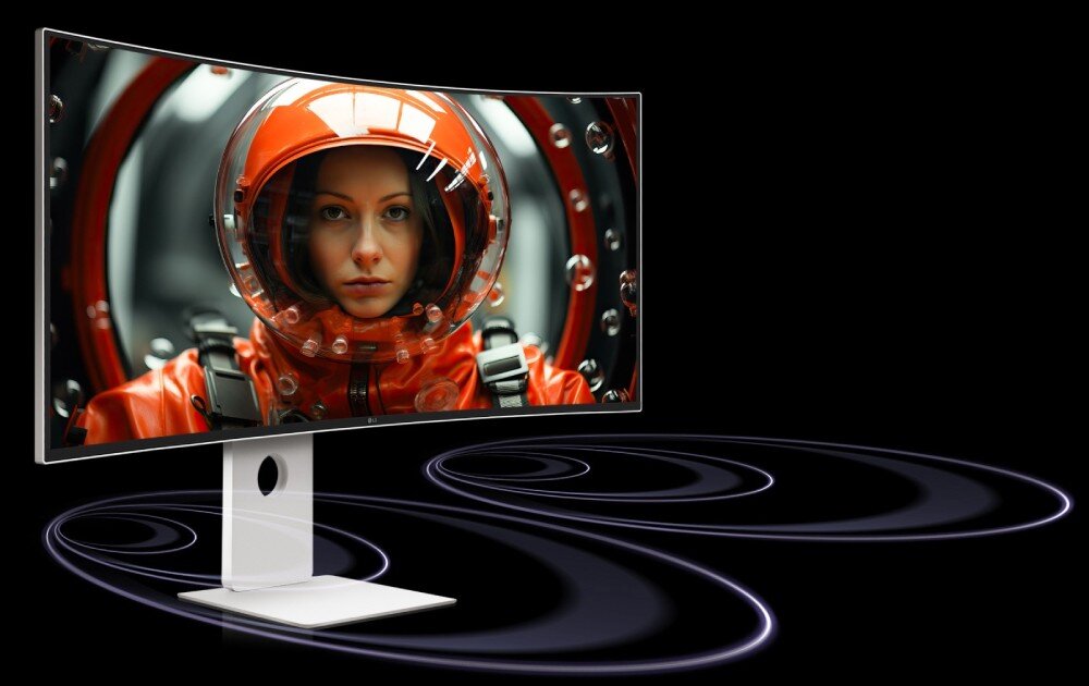 Monitor LG UltraFine 40U990A-W Zakrzywiony monitor prezentujący zbliżenie twarzy kobiety w pomarańczowym hełmie kosmicznym na ciemnym tle, głośniki, dźwięk, kalibracja sprzętowa