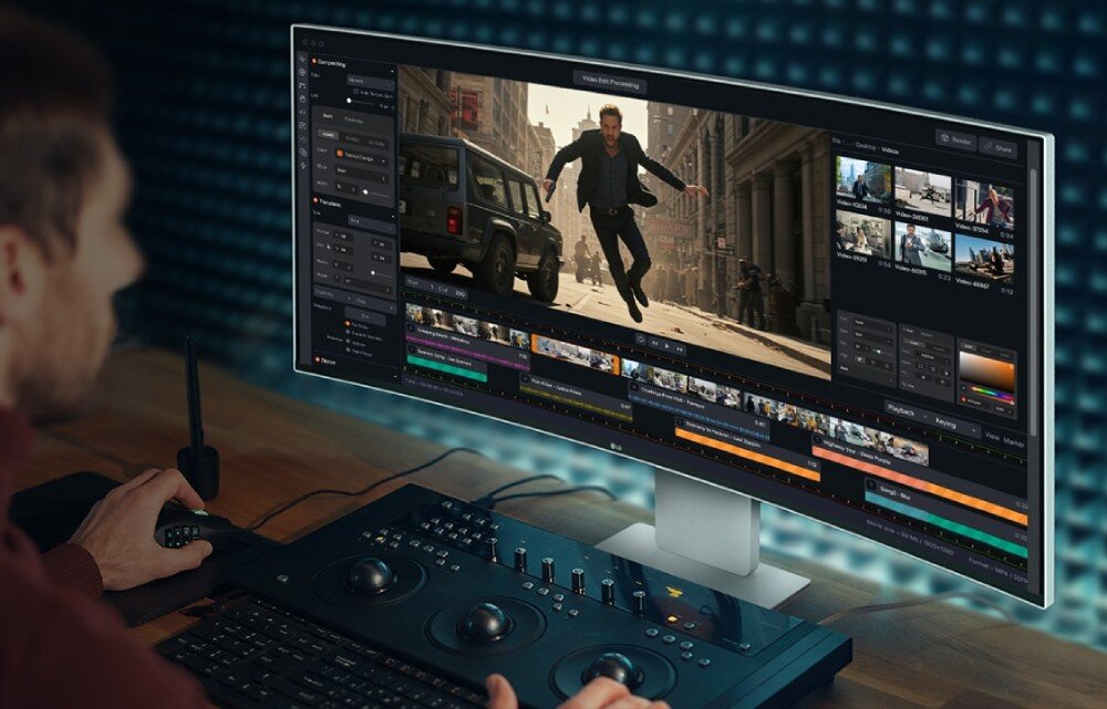 Monitor LG UltraFine 40U990A-W Monitor wyświetlający interfejs do edycji wideo oraz dłoń operatora na profesjonalnym panelu sterującym z pokrętłami, podstawa, ergonomia, mocowanie VESA