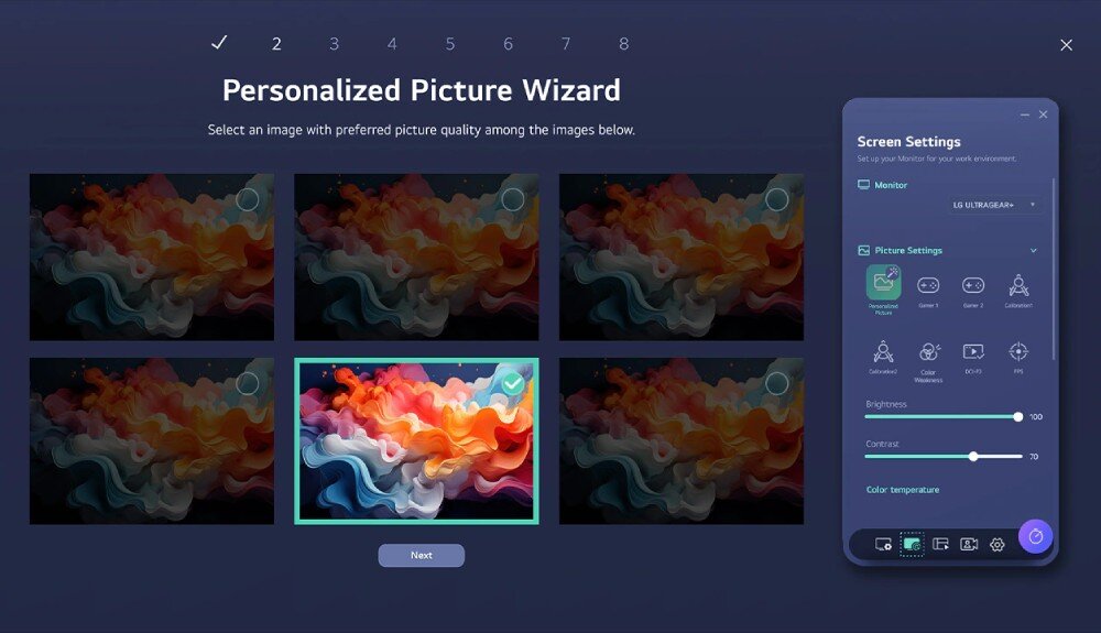 Monitor LG UltraFine 40U990A-W Interfejs kreatora obrazu z wyborem miniatur kolorowych chmur oraz menu ustawień ekranu po prawej stronie, aplikacja, narzędzia, funkcje