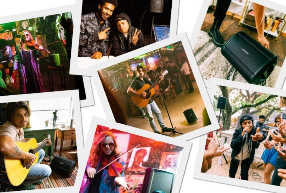 Power Audio BOSE S1 Pro+ przenośny uchwyt czas pracy 11 godzin, pejzaż zdjęć z głośnikiem w tle