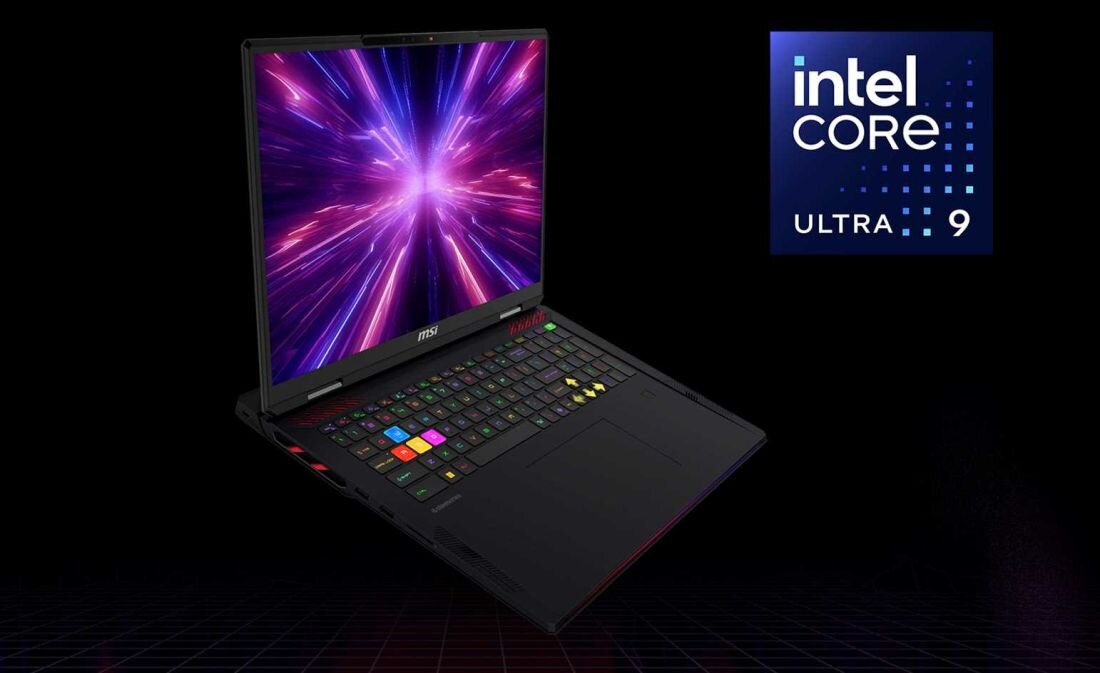 Procesor Intel Core Ultra 9 285HX w laptopie MSI Raider 18 HX AI z wizualizacją architektury P-core i E-core – 24 rdzenie taktowanie do 5,5 GHz NPU pamięć DDR5-6400