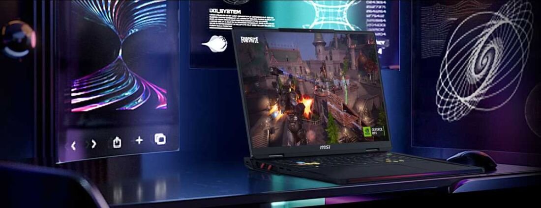 Laptop MSI Raider 18 HX AI na biurku z włączonym ekranem – Intel Core Ultra karta NVIDIA GeForce RTX  ekran 18 cali Mini LED 4K 120 Hz