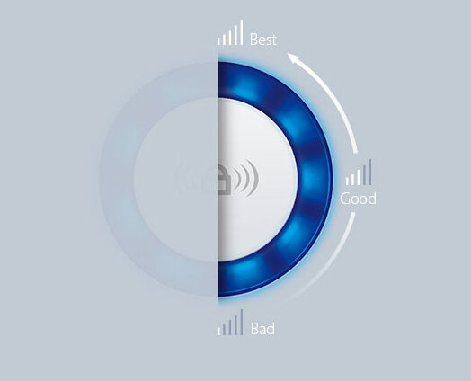 Obraz przedstawia okrągły wskaźnik z niebieskim podświetleniem, z oznaczeniami \'Best\', \'Good\' i \'Bad\' oraz ikoną sygnału Wi-Fi w centrum.