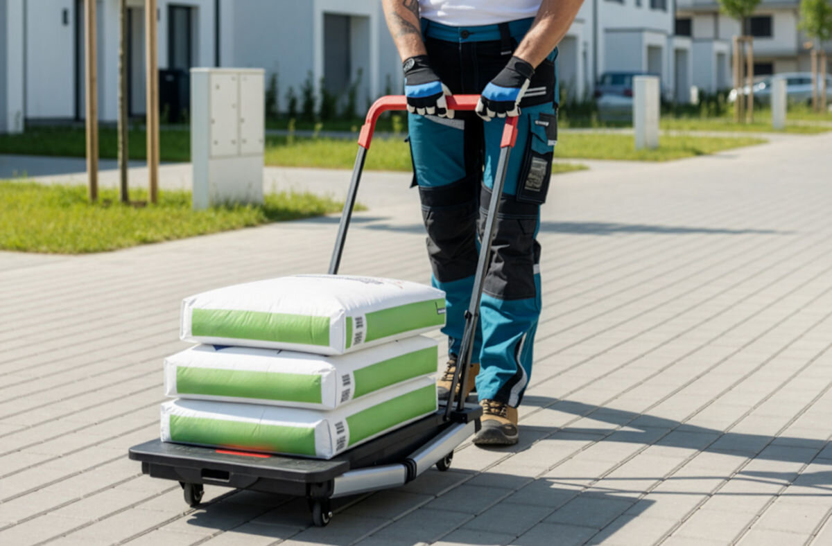 Stół warsztatowy PROLINE 7w1 62001 250 kg, kobyłka, rusztowanie, podest, obciążenie, osoba pcha stół złożony jako wózek transportowy