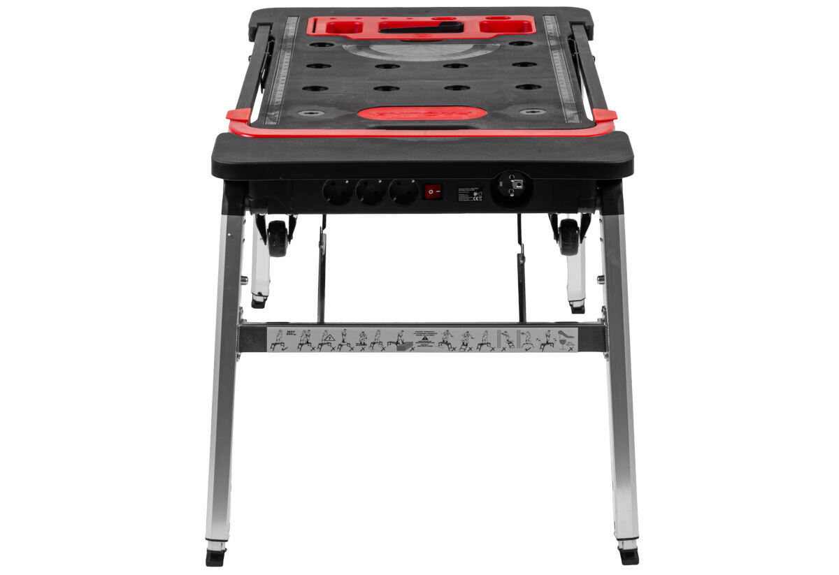 Stół warsztatowy PROLINE 7w1 62001 250 kg, przewożenie, ciężkie, komponenty, stabilnie, na białym tle stół od boczej strony frontem na wprost