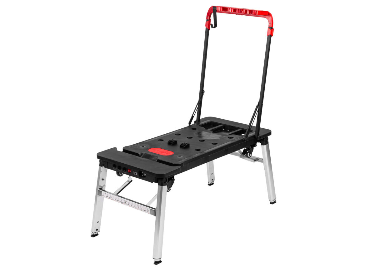 Stół warsztatowy PROLINE 7w1 62001 250 kg, Zastosowanie, konstrukcja, instalacja, konserwacja, na białym tle stół w formie rusztowania