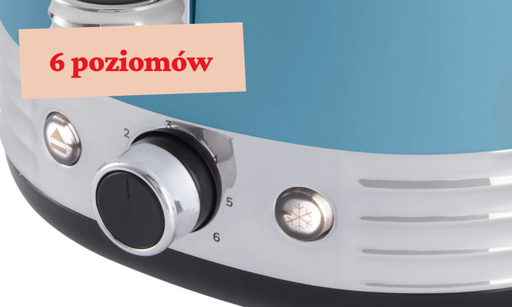 Toster RUSSELL HOBBS Hanley 28651-56 Niebieski 6 poziomów wypiekania od delikatnie złocistych po mocno chrupiące tosty jeden ruch pokrętła efekt dopasowanie
