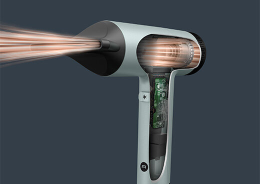 Przekrój suszarki ROWENTA HY7120 ukazujący jej wewnętrzne komponenty, strumień gorącego powietrza wydobywający się z przodu.