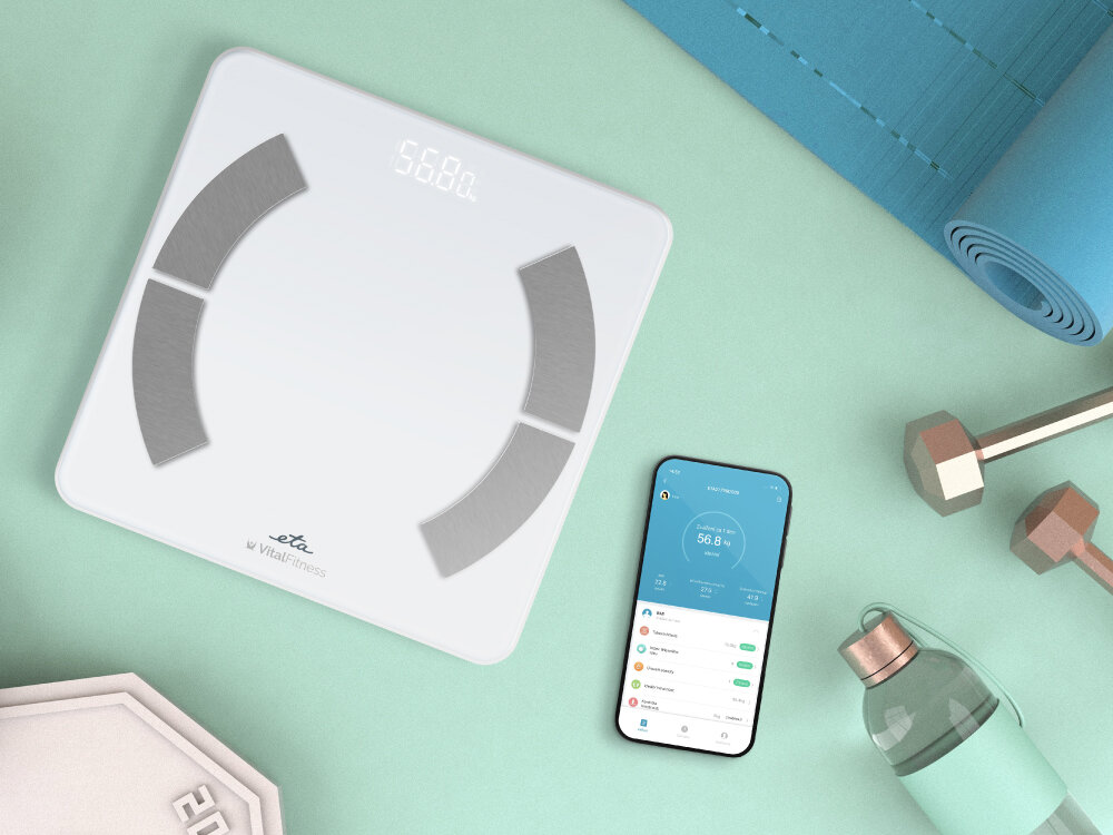 Waga łazienkowa ETA Vital Fitness 277990000 precyzyjne pomiary, aplikacja mobilna, cenne informacje o zdrowiu, świadome dbanie o zdrowie