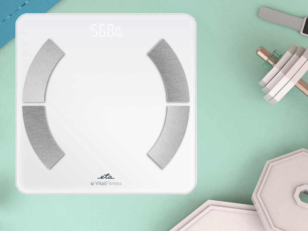 Waga łazienkowa ETA Vital Fitness 277990000 5 kluczowych parametrów, 18 różnych wartości, wszystko dostepne na smartfonie