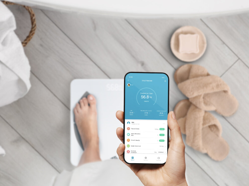 Waga łazienkowa ETA Vital Fitness 277990000 aplikacja mobilna, automatyczne zapisywanie danych w chmurze, możliwość utworzenia aż 10 profili, dla całej rodziny