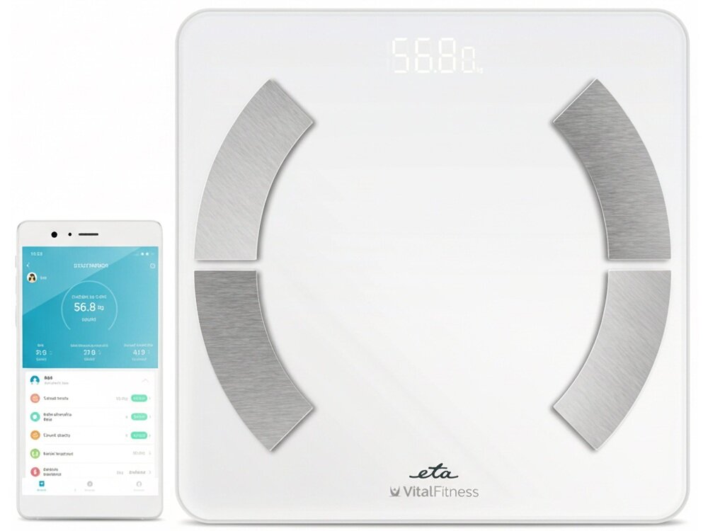 Waga łazienkowa ETA Vital Fitness 277990000 łączność Bluetooth, szybkie przesyłanie danych, tryb gościa, zasilanie trzema bateriami AAA, wskaźnik niskiego poziomu energii
