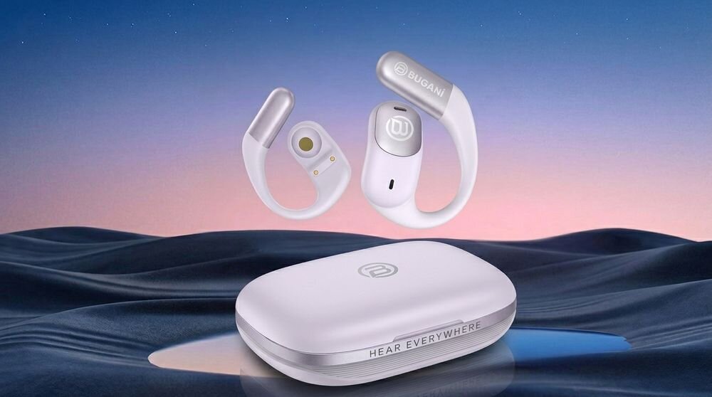 BUGANI Free B15 słuchawki powietrzne dźwięk 360 stopni przestrzenny i immersyjny odsłuch, słuchawki z etui ładującym na tle pustyni
