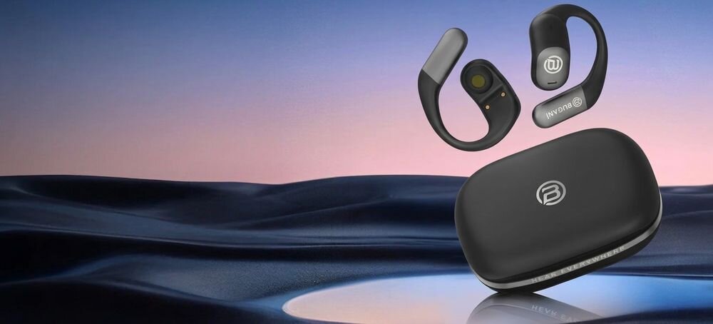 BUGANI Free B15 słuchawki powietrzne dźwięk 360 stopni przestrzenny i immersyjny odsłuch, słuchawki z etui ładującym na tle pustyni