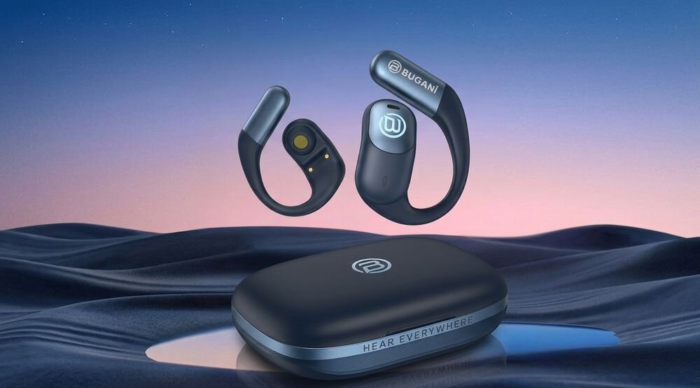 BUGANI Free B15 słuchawki powietrzne dźwięk 360 stopni przestrzenny i immersyjny odsłuch, słuchawki z etui ładującym na tle pustyni