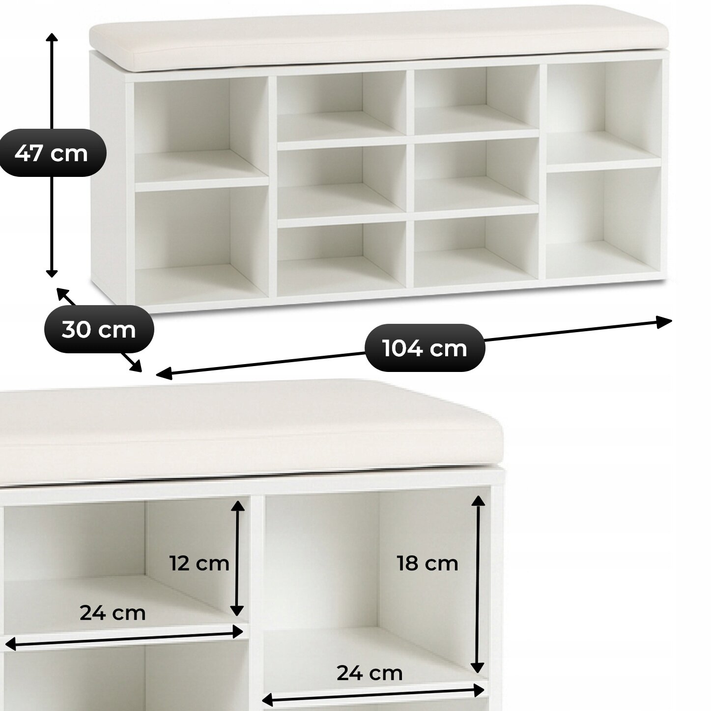 Biała szafka na buty z siedziskiem, posiadająca dziewięć otwartych przegródek. Wymiary to 104 cm długości, 30 cm głębokości i 47 cm wysokości, z przegródkami o wymiarach 24 cm szerokości, 12 cm i 18 cm wysokości.